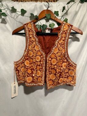 Shyanne Orange Floral Embroidered Crop Vest